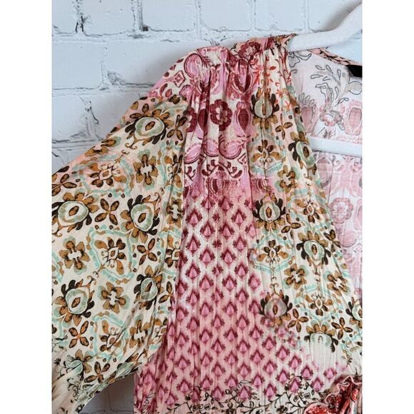 ZARA boho frill tasseled pink beige floral relaxed viscose tunic dress M NWOT - Picture 3 of 9